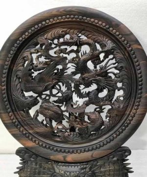 Đĩa tứ linh gỗ mun hoa đục tinh xảo 50x40x3.5cm