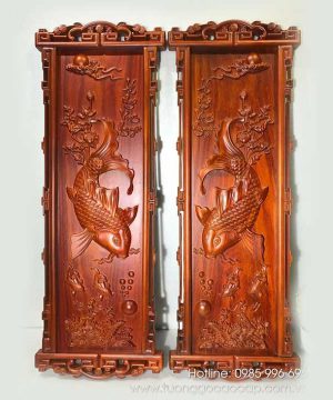 Tranh cá chép Lý Ngư Vọng Nguyệt gỗ hương 110x40cm